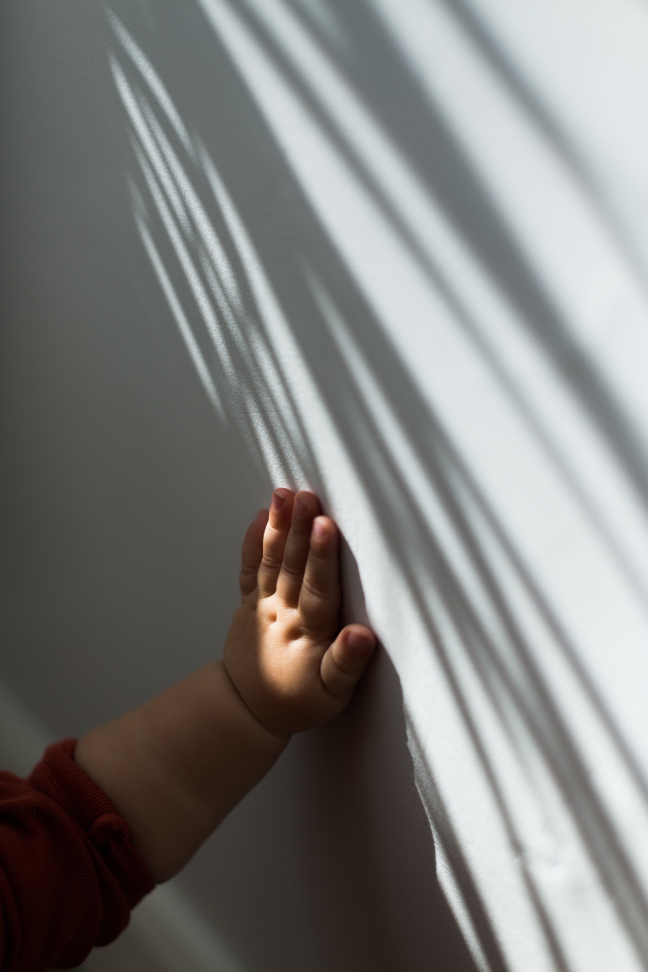 A baby's hand rests on a curtain in the afternoon light.